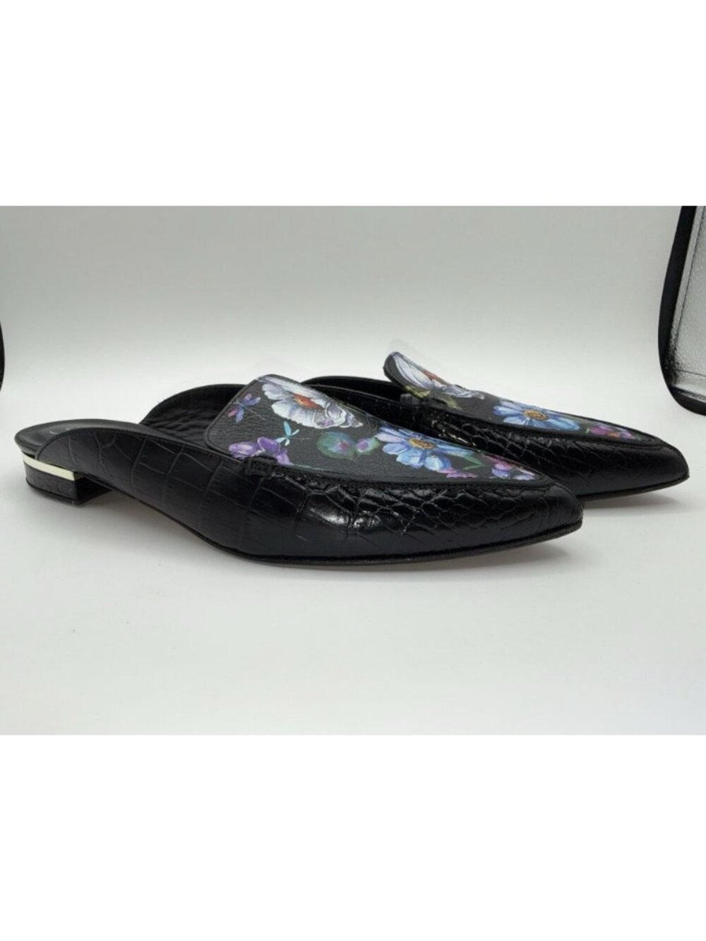 Brighton Floral Everly Mules Croc Embossed Black Low Heel Sz 9 Made In Italy - Picture 16 of 16